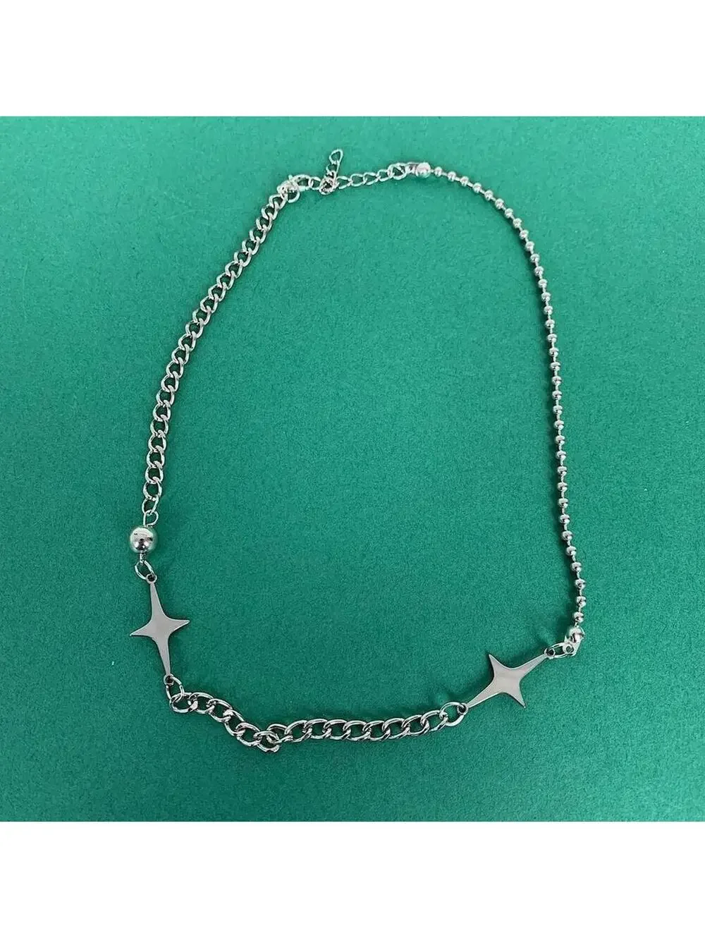 Y2k silver double start opium punk style necklace. Cool design. Nice quality.